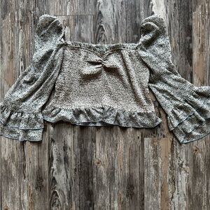 Women’s Storia Floral Smocked Long Sleeve Top Blue Green Medium Ruffle Trim